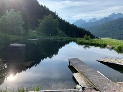 a view of a lake with a dock and mountains at Mittersteinerhof in Villabassa
