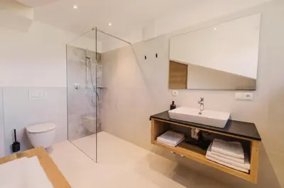 a bathroom with a sink and a shower at Birkhof in Lana
