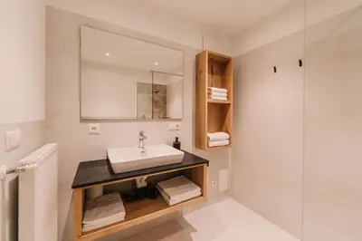 a bathroom with a sink and a mirror at Birkhof in Lana