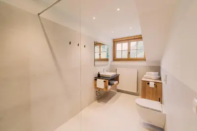a bathroom with a toilet and a glass shower at Birkhof in Lana
