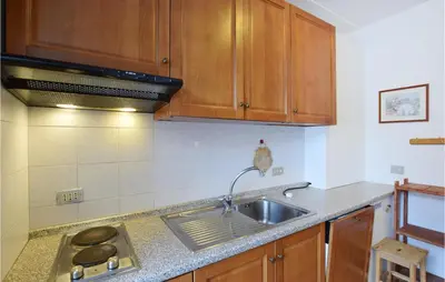 a kitchen with wooden cabinets and a sink at Amazing Apartment In Località Carbonin in Carbonin