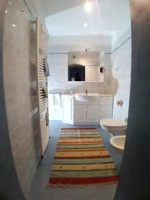 a bathroom with a sink and a toilet and a rug at Apartment Römerbrücke - Ponte Romano in Merano