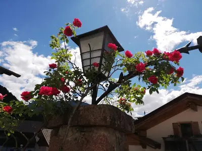 a street light with flowers on a stone wall at Gosthof Kastelruth in Castelrotto