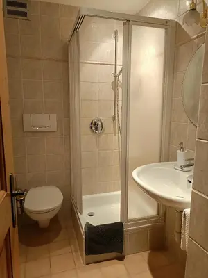 a bathroom with a shower and a toilet and a sink at Gosthof Kastelruth in Castelrotto