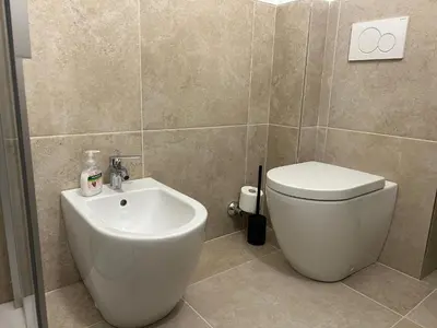a bathroom with a white toilet and a sink at Perla Dolomiti Falt in Falcade