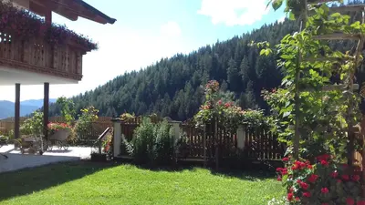 a fence in a yard with a mountain in the background at Unterweg Hof in Sarntal