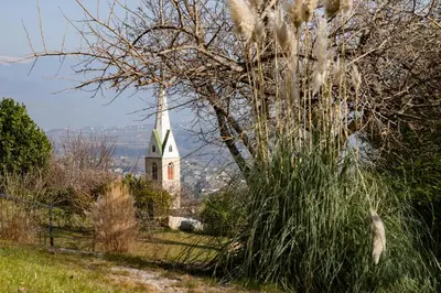 a church with a steeple in the distance with a tree at San Antonia in Caldaro