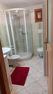 a bathroom with a shower and a sink and a toilet at Maso Brunetto in Canale San Bovo