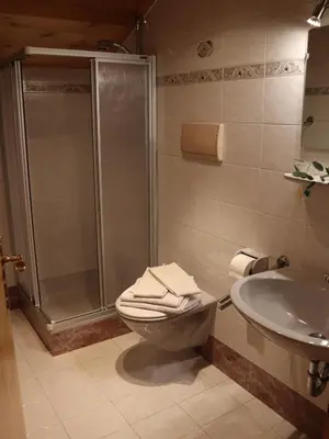 a bathroom with a shower and a toilet and a sink at Portnerhof auf Oberkirn in Schenna