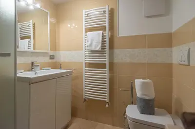 a bathroom with a toilet and a sink and a mirror at DolomiApartments - Appartamento Orso Bruno in Predazzo