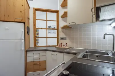 a kitchen with a sink and a refrigerator at DolomiApartments - Appartamento Orso Bruno in Predazzo