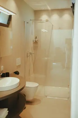 a bathroom with a shower and a toilet and a sink at Solterra Poolhouse 1 in Tesimo