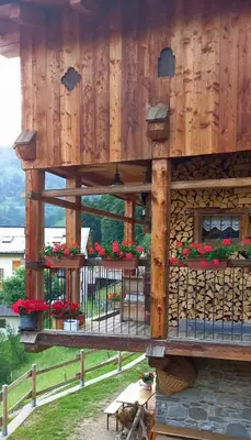 a wooden building with flower boxes on it at Chalet-Tabià al Sol montagna Dolomiti Pecol in San Tomaso