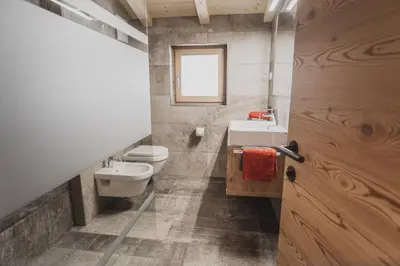 a bathroom with a toilet and a sink at Ragitt Stodl Ferienwohnungen in Vols am Schlern