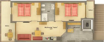 a floor plan of a small apartment with red curtains at Ragitt Stodl Ferienwohnungen in Vols am Schlern