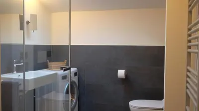 a bathroom with a sink and a washing machine at Grimmhof in Fiè