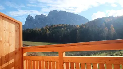 a wooden fence with a view of a mountain at Grimmhof in Fiè