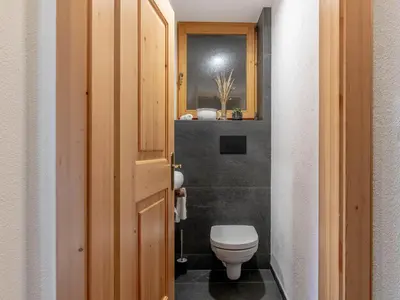 a small bathroom with a toilet and a sink at Chalet Laugenblick Alpine Luxury with Hot Tub and Sauna in Santa Valburga St. Walburg