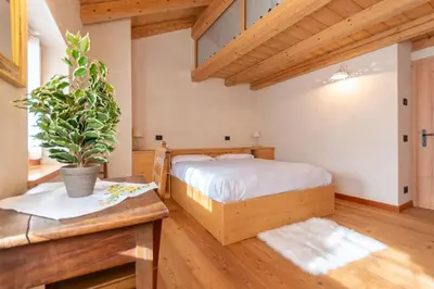 a bedroom with a bed and a potted plant at Chalet Lagusello in Alleghe
