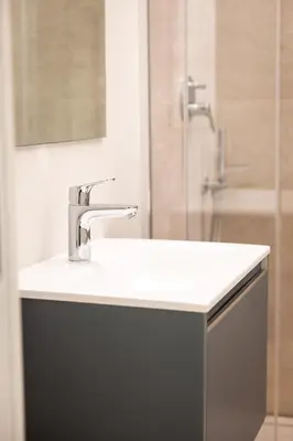 a bathroom with a sink and a shower at Italyescapes Delia in Merano