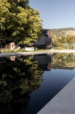 a reflection of a building in a body of water at Michlhaus nature and suites in Aldino