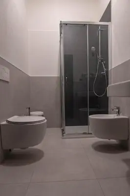 a bathroom with a shower and a toilet and a sink at Hotel Regina del Bosco in Ronzone