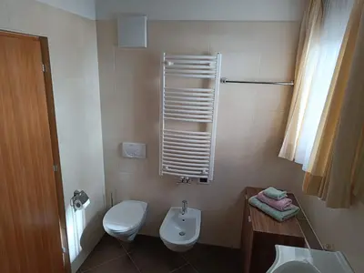a small bathroom with a toilet and a sink at Raisc - La tua casa in Val Badia in La Villa
