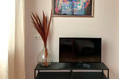 a vase sitting on a table next to a tv at RÖCK Weingut - winery in Villandro