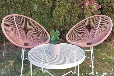 two pink chairs and a table with a potted plant at RÖCK Weingut - winery in Villandro