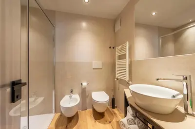 a bathroom with a sink and a toilet and a shower at Suite del Podesta' in Moena