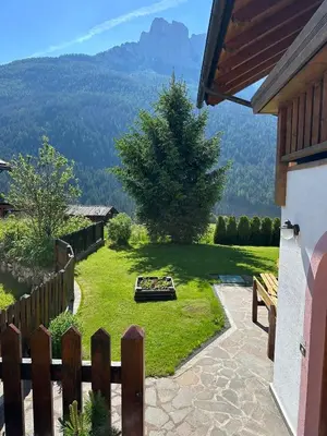 a backyard with a fire pit in the grass at Villa Rosa in Vigo di Fassa