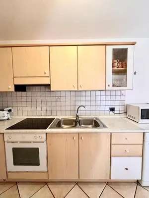 a kitchen with wooden cabinets and a sink at Villa Rosa in Vigo di Fassa