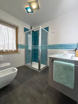 a bathroom with a shower and a sink and a toilet at Casa Latemar in Moena