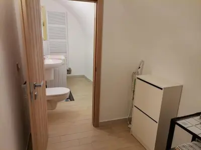 a bathroom with a toilet and a sink and a refrigerator at Verde di Valda in Valda