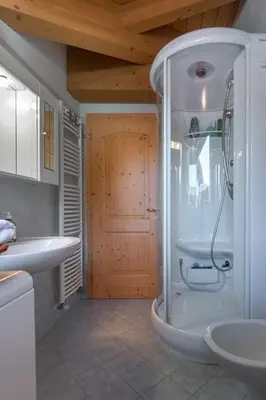 a bathroom with a shower and a toilet and a sink at DolomiApartments - Appartamento Coronelle in Predazzo