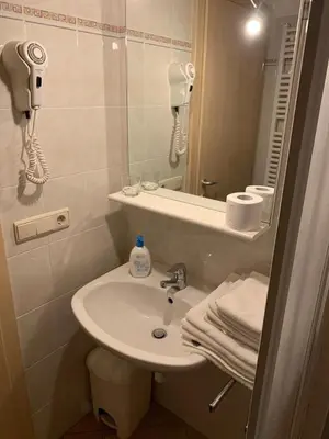 a bathroom with a sink and a mirror at Santlhof-Chardonnay in Cortaccia
