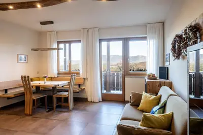 a living room with a table and a couch at Dissertorihof in Caldaro