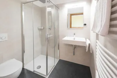 a bathroom with a shower and a toilet and a sink at Eich-hof in Caldaro