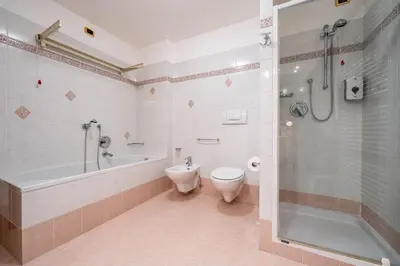 a bathroom with a tub and a toilet and a shower at Majon Fior de Bosch 2 in Campitello di Fassa