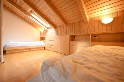 a bedroom with two beds in a room with wooden walls at Majon Fior de Bosch 2 in Campitello di Fassa
