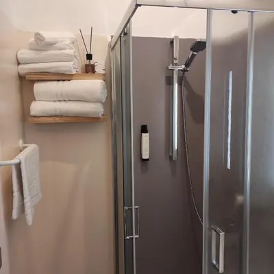 a bathroom with a shower and some towels at Da Carla Dolomiti Val di Zoldo in Val di Zoldo