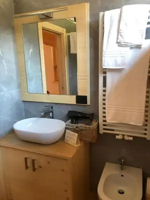 a bathroom with a sink and a mirror at Rifugio Lago D'Ajal in Col
