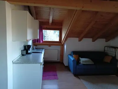 a kitchen and a living room with a blue couch at Waldnerhof in Soprabolzano