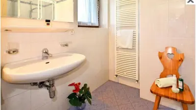 a bathroom with a white sink and a mirror at Waldnerhof in Soprabolzano