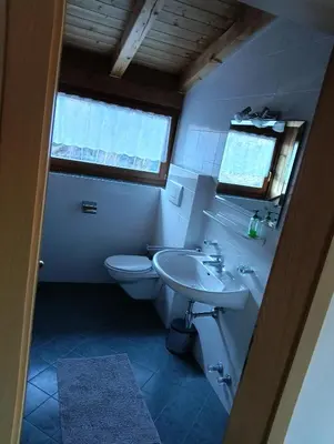 a white bathroom with a toilet and a sink at Waldnerhof in Soprabolzano