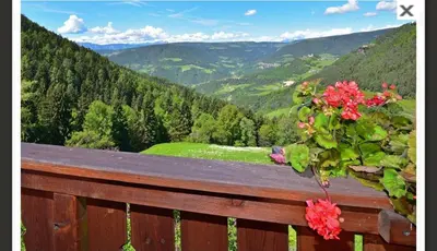 a flower pot on a wooden fence with a view of mountains at Waldnerhof in Soprabolzano