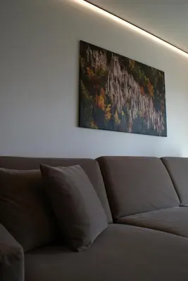 a couch in a living room with a painting on the wall at Alpenglow Apartments in Collalbo
